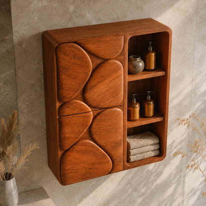 Bathroom Cabinet with Biomorphic Carved Doors in Natural Solid Wood - Woodenecho - 4