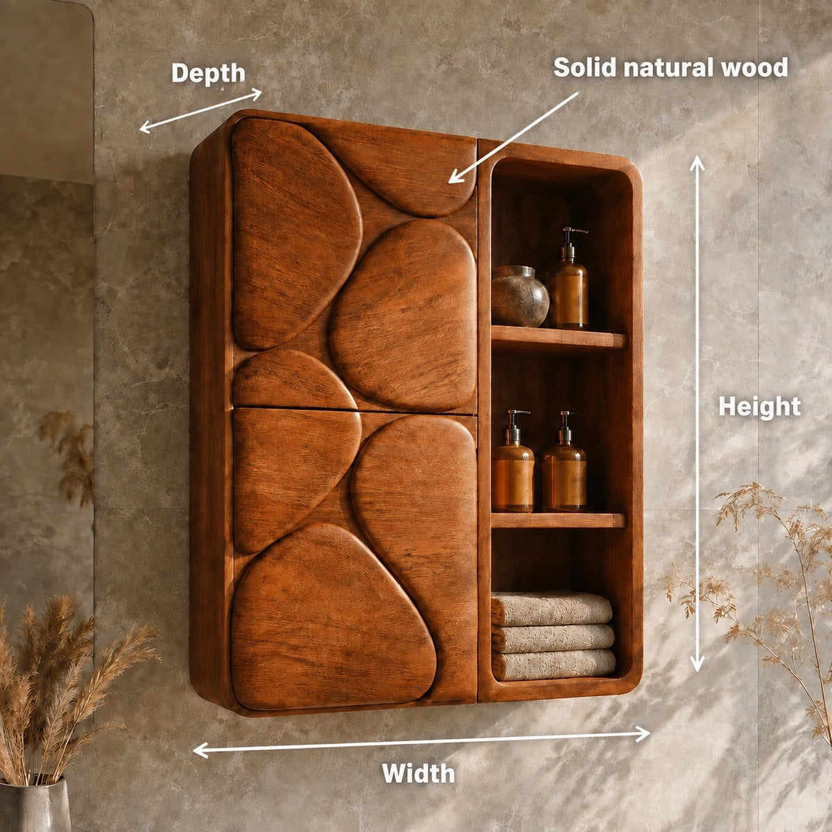 Bathroom Cabinet with Biomorphic Carved Doors in Natural Solid Wood - Woodenecho - 6