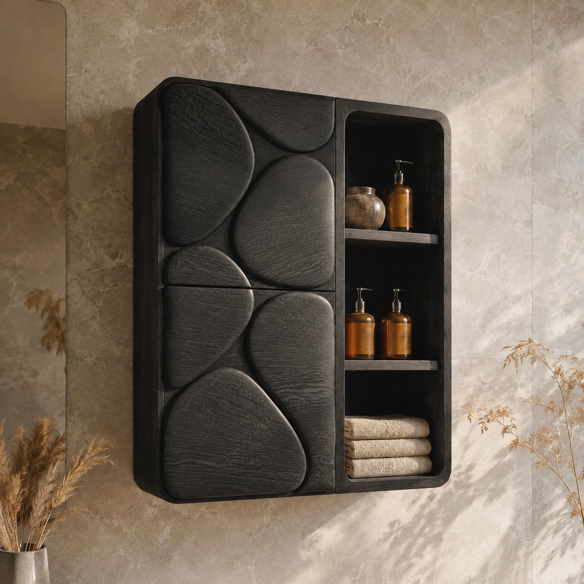 Bathroom Cabinet with Biomorphic Carved Doors in Natural Solid Wood - Woodenecho - 7