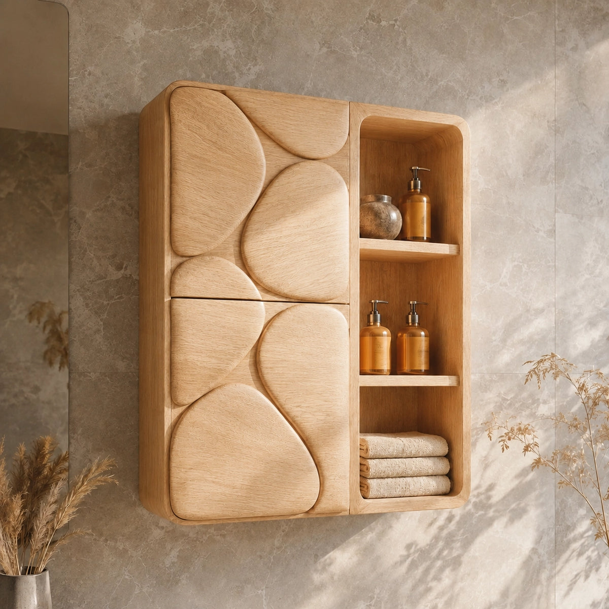 Bathroom Cabinet with Biomorphic Carved Doors in Natural Solid Wood - Woodenecho - 8
