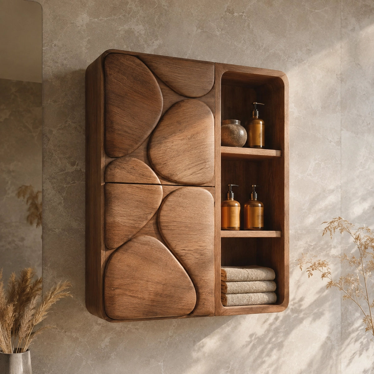 Bathroom Cabinet with Biomorphic Carved Doors in Natural Solid Wood - Woodenecho - 9