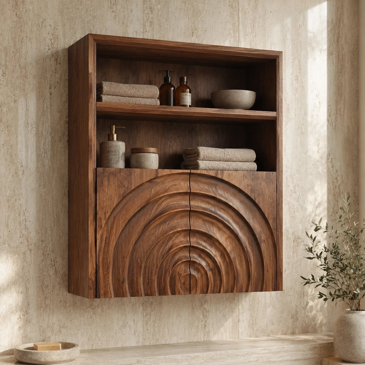 Bathroom Cabinet with Concentric Arc Doors in Natural Solid Woods - Woodenecho - 1