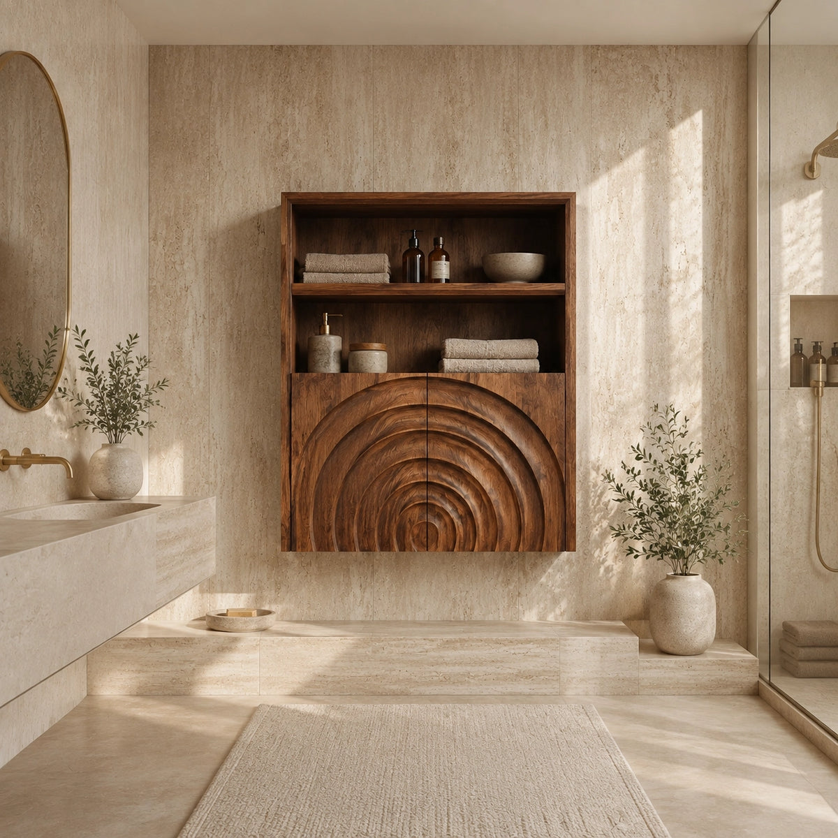 Bathroom Cabinet with Concentric Arc Doors in Natural Solid Woods - Woodenecho - 2