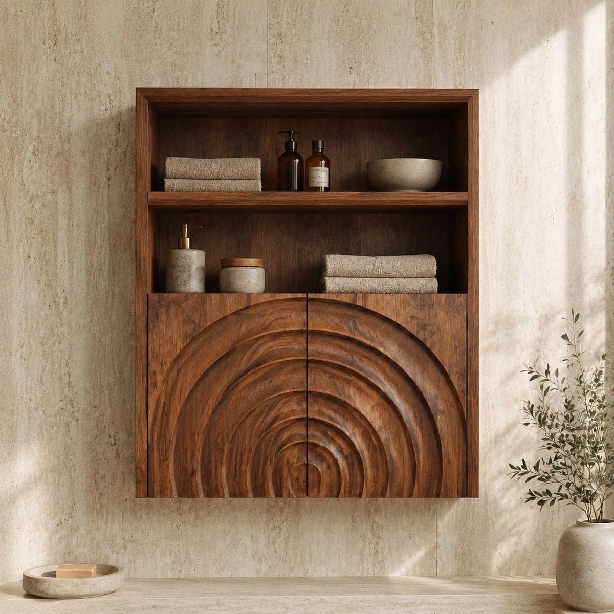 Bathroom Cabinet with Concentric Arc Doors in Natural Solid Woods - Woodenecho - 3