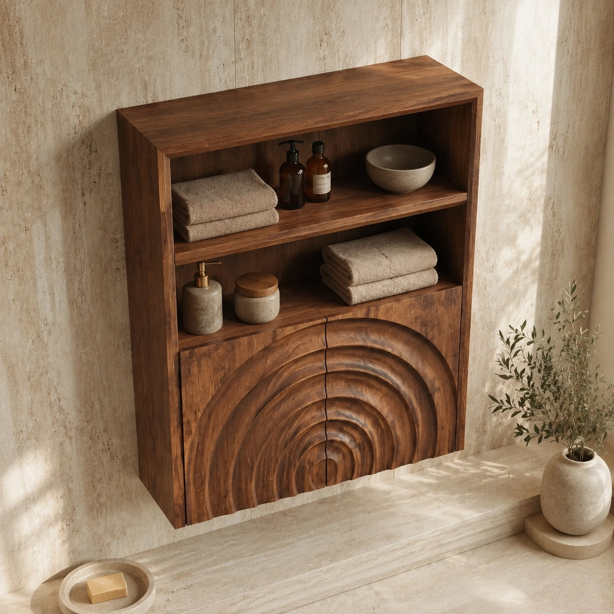 Bathroom Cabinet with Concentric Arc Doors in Natural Solid Woods - Woodenecho - 4