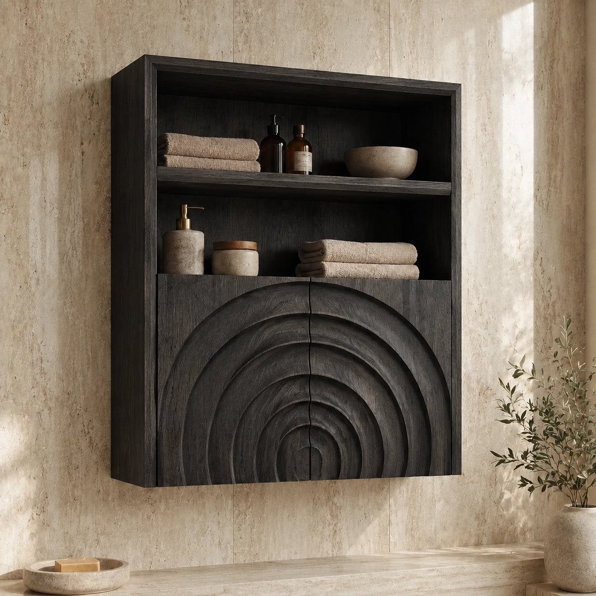Bathroom Cabinet with Concentric Arc Doors in Natural Solid Woods - Woodenecho - 7