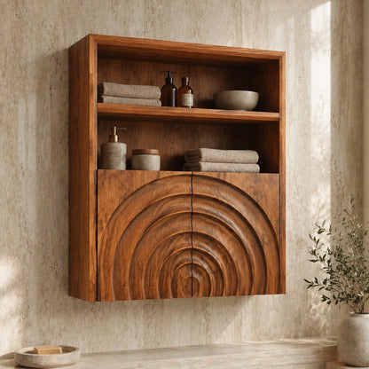 Bathroom Cabinet with Concentric Arc Doors in Natural Solid Woods - Woodenecho - 8