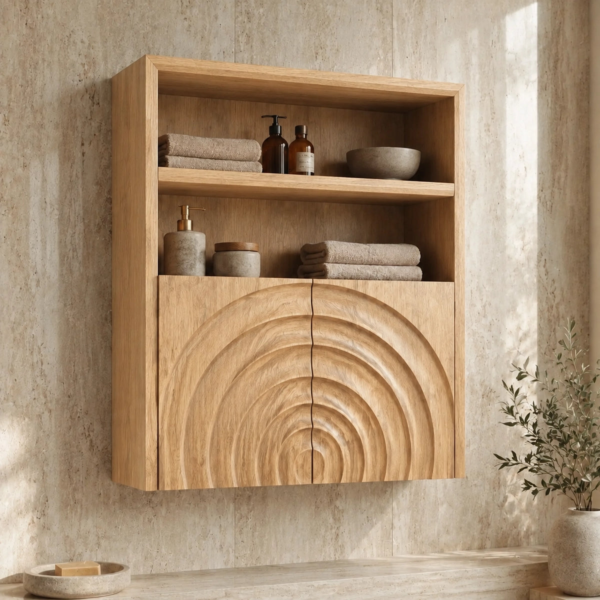 Bathroom Cabinet with Concentric Arc Doors in Natural Solid Woods - Woodenecho - 9