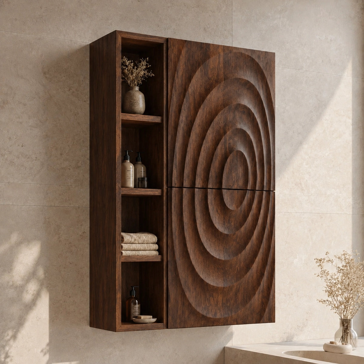 Bathroom Cabinet with Concentric Carved Door and Open Shelving Storage - Woodenecho - 1