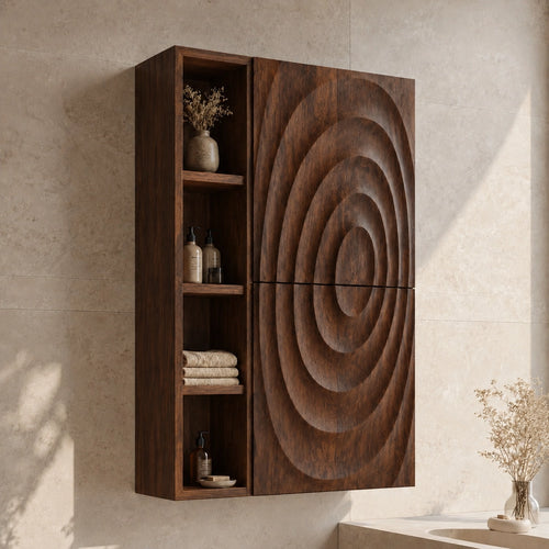 Bathroom Cabinet with Concentric Carved Door and Open Shelving Storage - Woodenecho - 1