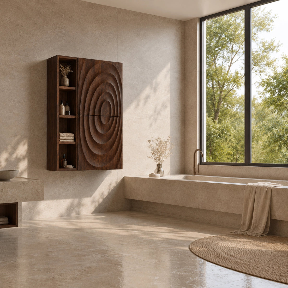 Bathroom Cabinet with Concentric Carved Door and Open Shelving Storage - Woodenecho - 2