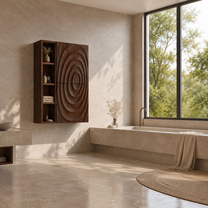 Bathroom Cabinet with Concentric Carved Door and Open Shelving Storage - Woodenecho - 2