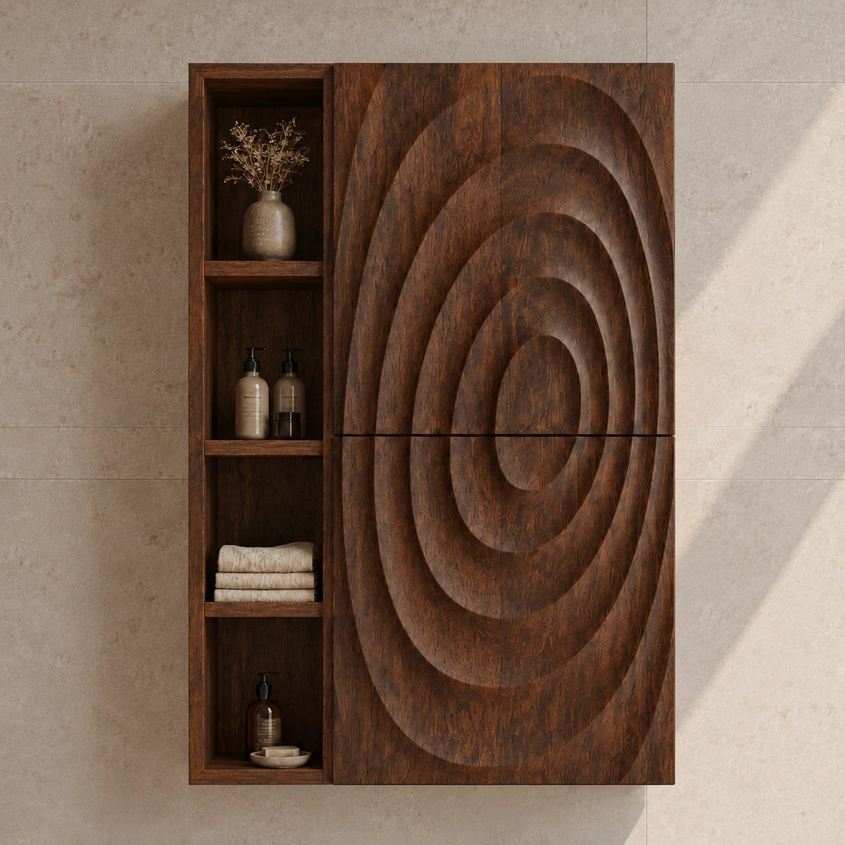 Bathroom Cabinet with Concentric Carved Door and Open Shelving Storage - Woodenecho - 3