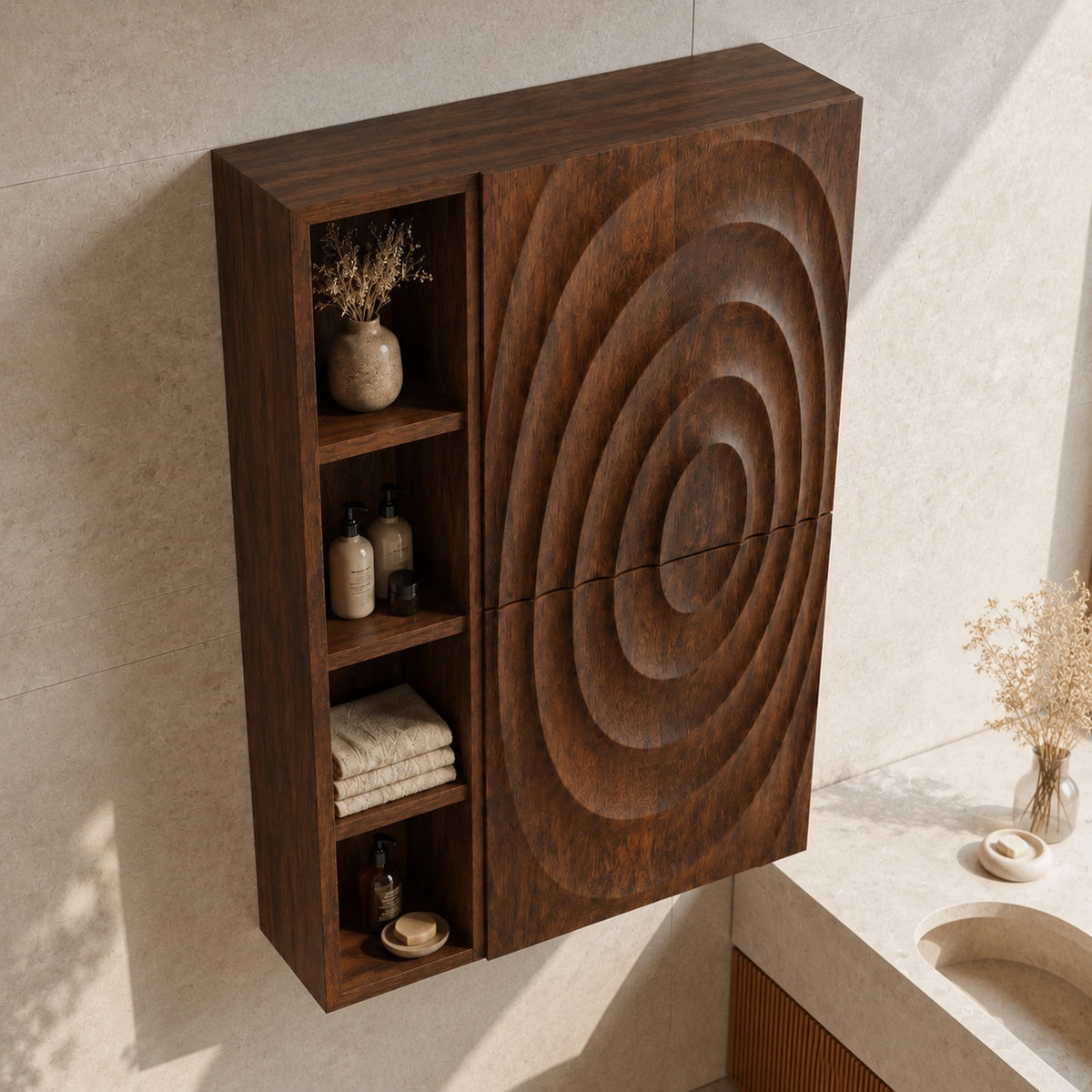 Bathroom Cabinet with Concentric Carved Door and Open Shelving Storage - Woodenecho - 4