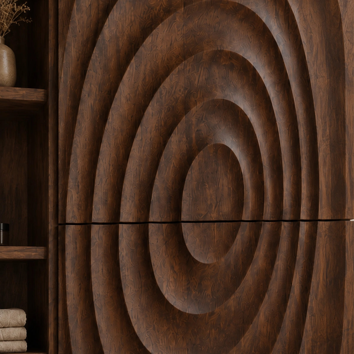 Bathroom Cabinet with Concentric Carved Door and Open Shelving Storage - Woodenecho - 5