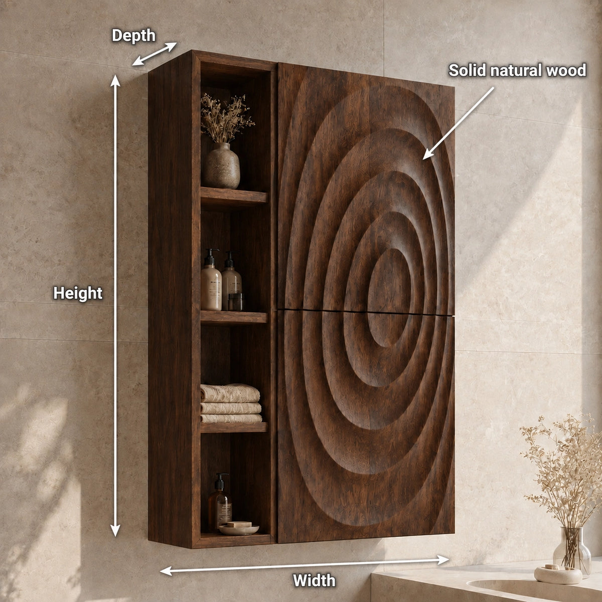 Bathroom Cabinet with Concentric Carved Door and Open Shelving Storage - Woodenecho - 6