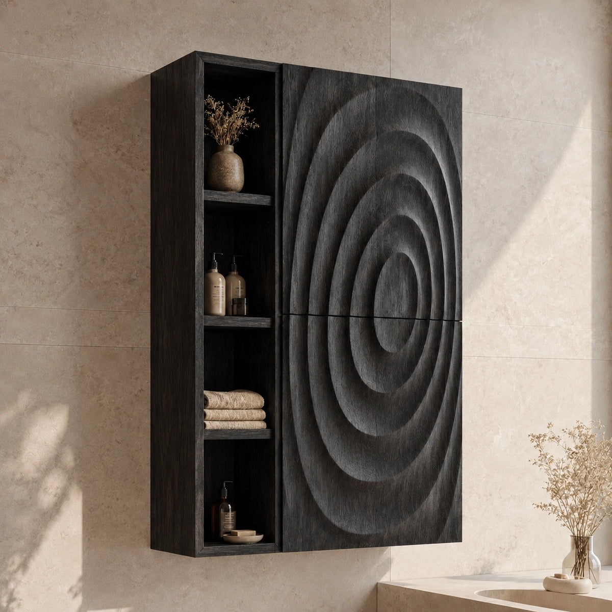 Bathroom Cabinet with Concentric Carved Door and Open Shelving Storage - Woodenecho - 7