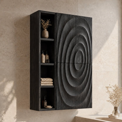 Bathroom Cabinet with Concentric Carved Door and Open Shelving Storage - Woodenecho - 7