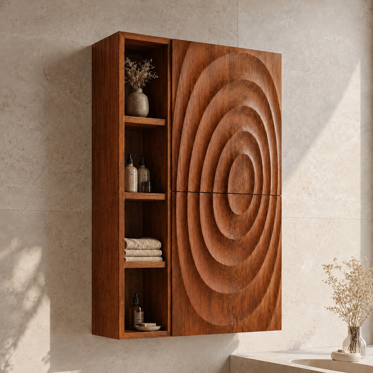 Bathroom Cabinet with Concentric Carved Door and Open Shelving Storage - Woodenecho - 8