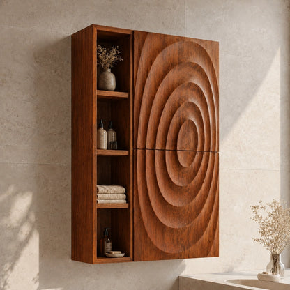Bathroom Cabinet with Concentric Carved Door and Open Shelving Storage - Woodenecho - 8