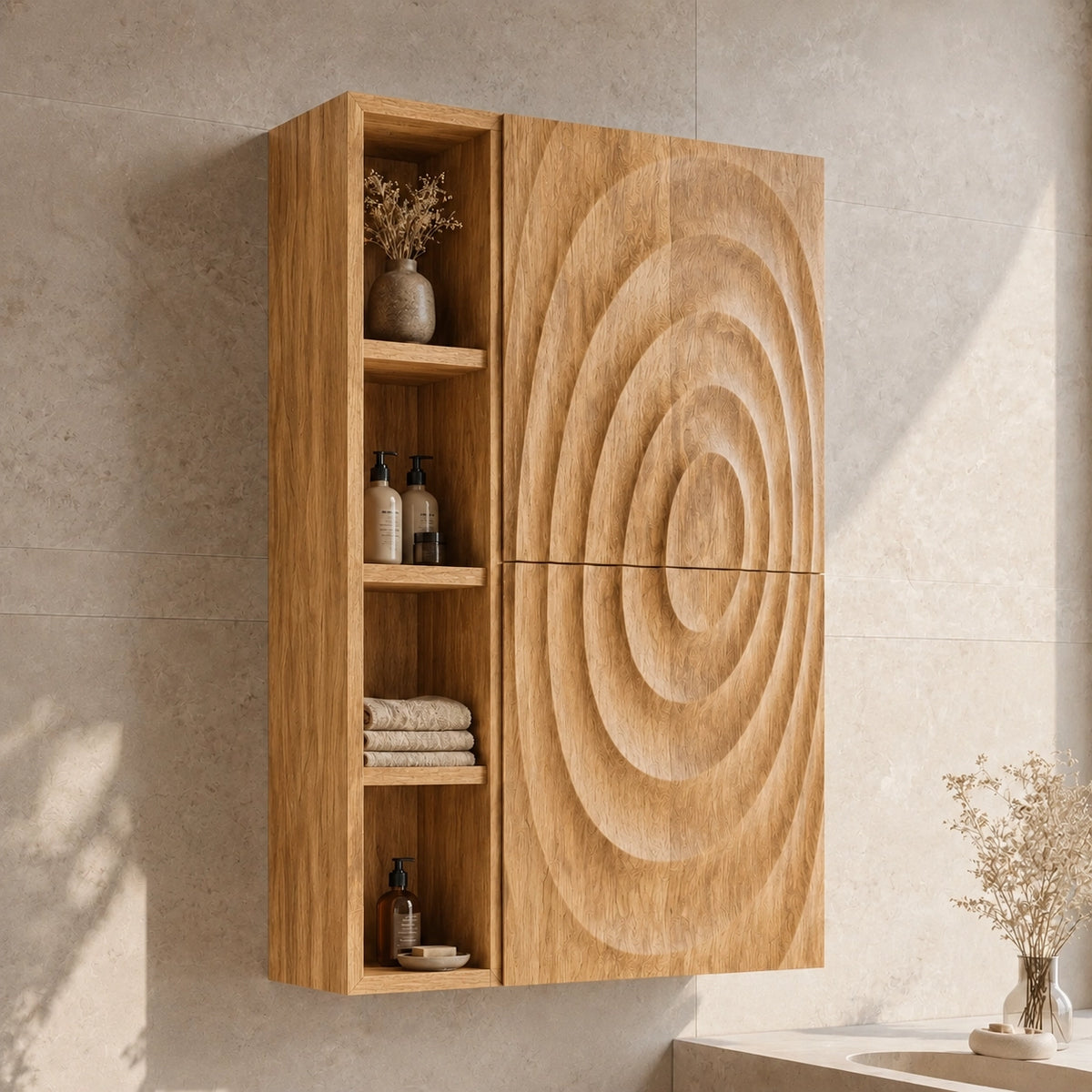 Bathroom Cabinet with Concentric Carved Door and Open Shelving Storage - Woodenecho - 9
