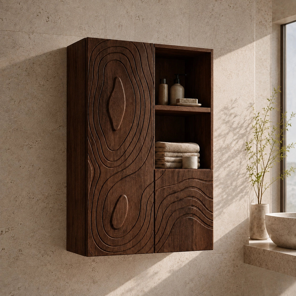 Bathroom Cabinet with Concentric Line-Carved Doors in Natural Solid Wood - Woodenecho - 1