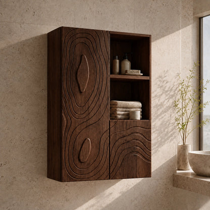 Bathroom Cabinet with Concentric Line-Carved Doors in Natural Solid Wood - Woodenecho - 1
