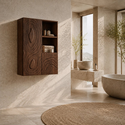 Bathroom Cabinet with Concentric Line-Carved Doors in Natural Solid Wood - Woodenecho - 2