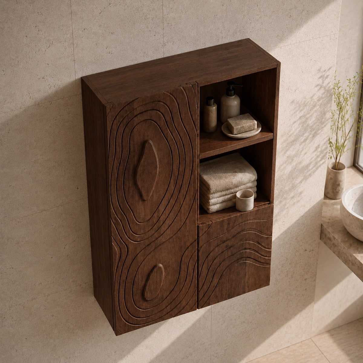 Bathroom Cabinet with Concentric Line-Carved Doors in Natural Solid Wood - Woodenecho - 4