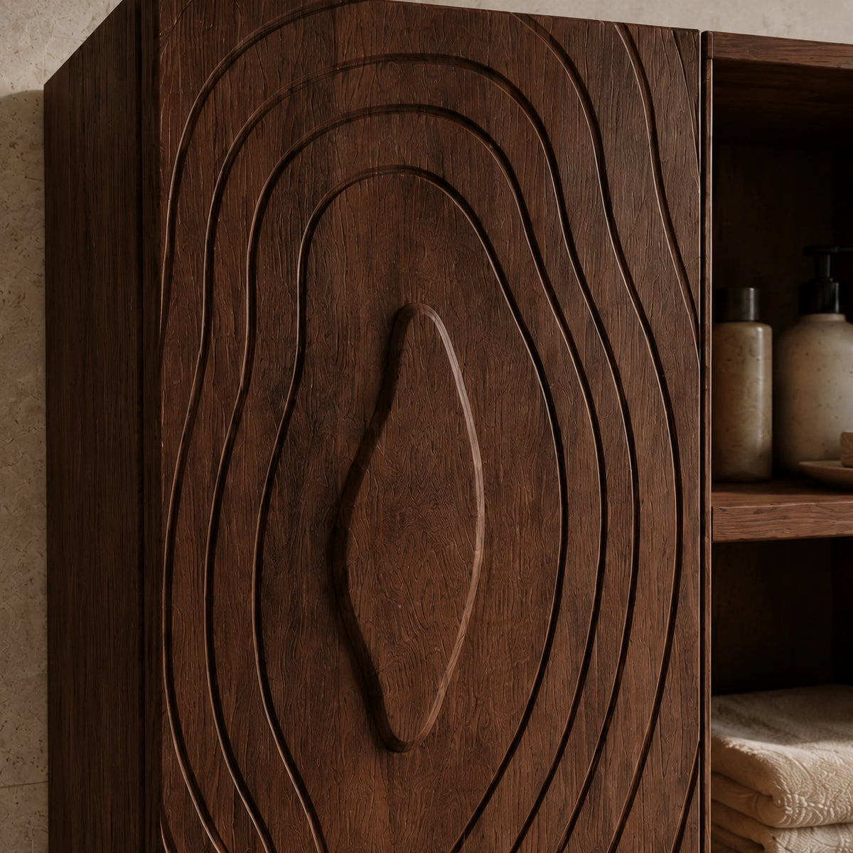 Bathroom Cabinet with Concentric Line-Carved Doors in Natural Solid Wood - Woodenecho - 5