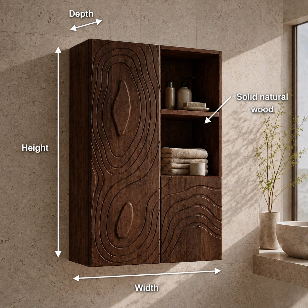 Bathroom Cabinet with Concentric Line-Carved Doors in Natural Solid Wood - Woodenecho - 6
