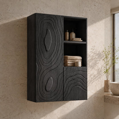 Bathroom Cabinet with Concentric Line-Carved Doors in Natural Solid Wood - Woodenecho - 7