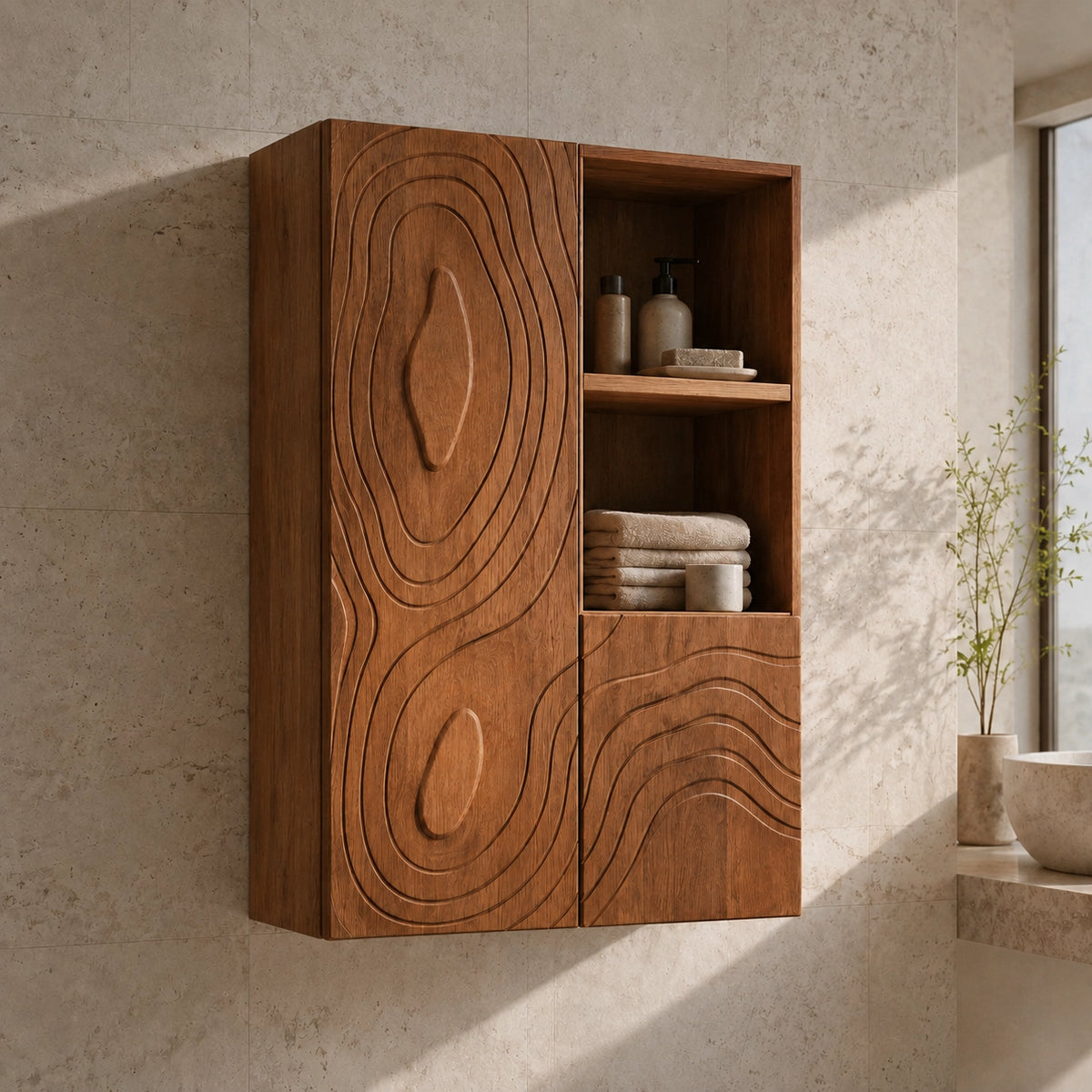 Bathroom Cabinet with Concentric Line-Carved Doors in Natural Solid Wood - Woodenecho - 8