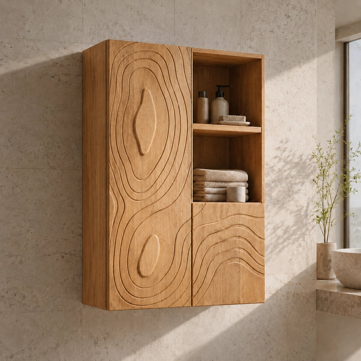 Bathroom Cabinet with Concentric Line-Carved Doors in Natural Solid Wood - Woodenecho - 9