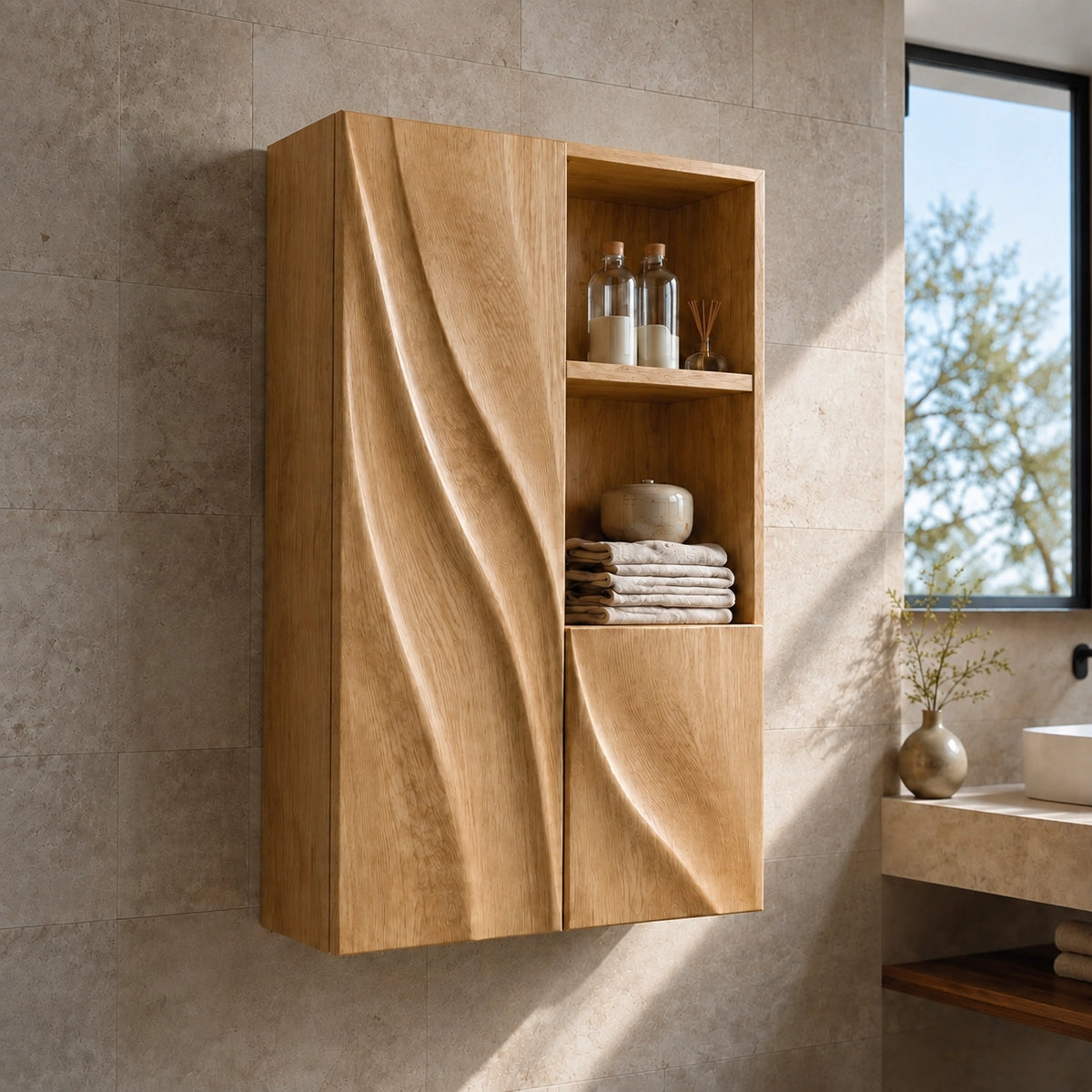 Bathroom Cabinet with Diagonal Wave-Carved Door and Open Shelving - Woodenecho - 1