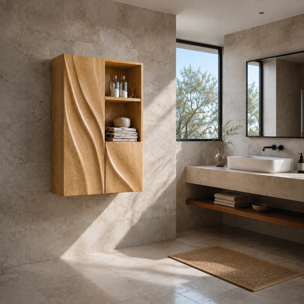 Bathroom Cabinet with Diagonal Wave-Carved Door and Open Shelving - Woodenecho - 2