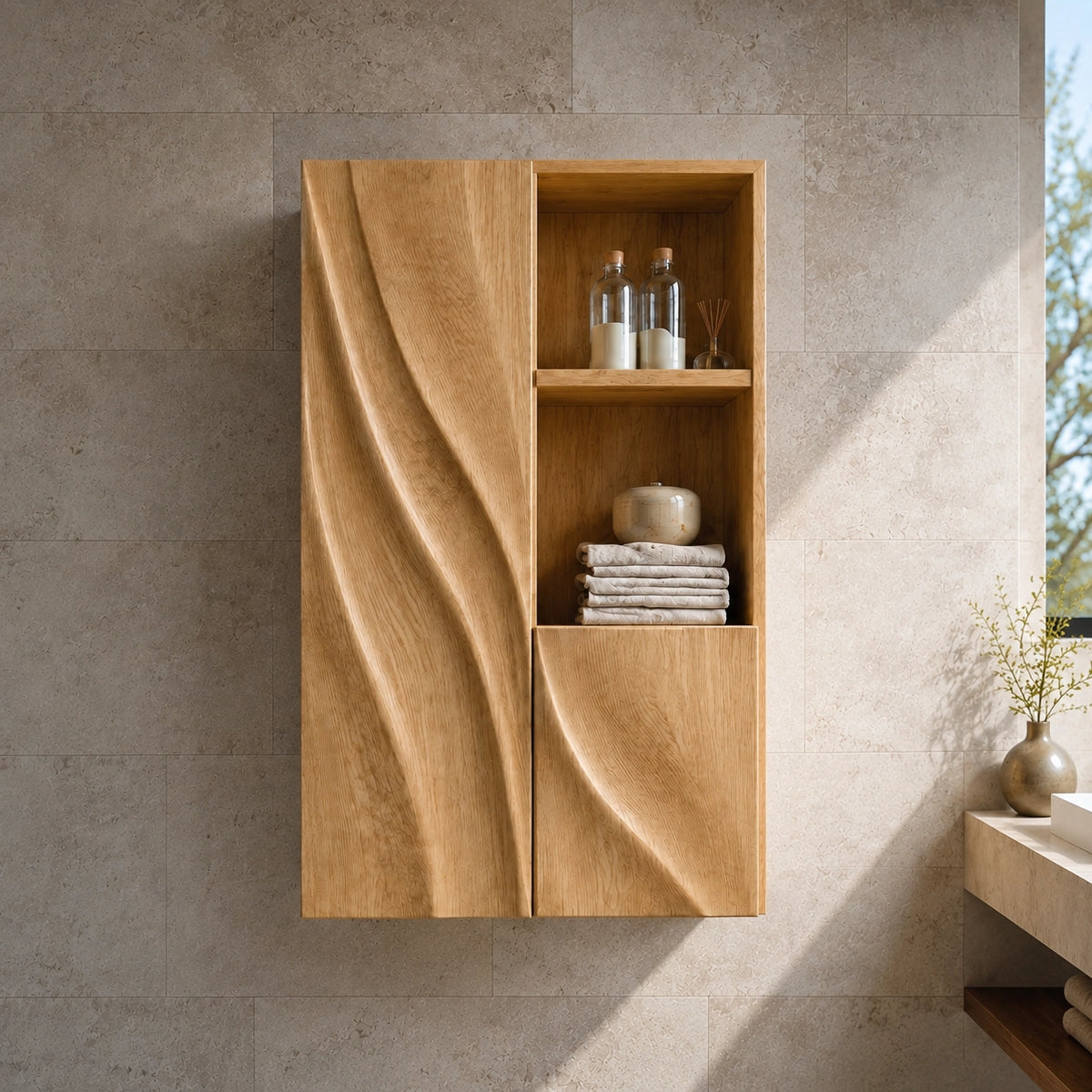 Bathroom Cabinet with Diagonal Wave-Carved Door and Open Shelving - Woodenecho - 3