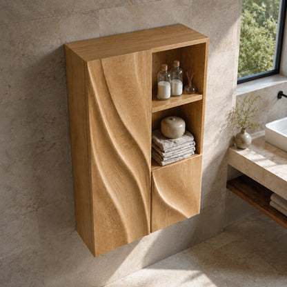 Bathroom Cabinet with Diagonal Wave-Carved Door and Open Shelving - Woodenecho - 4