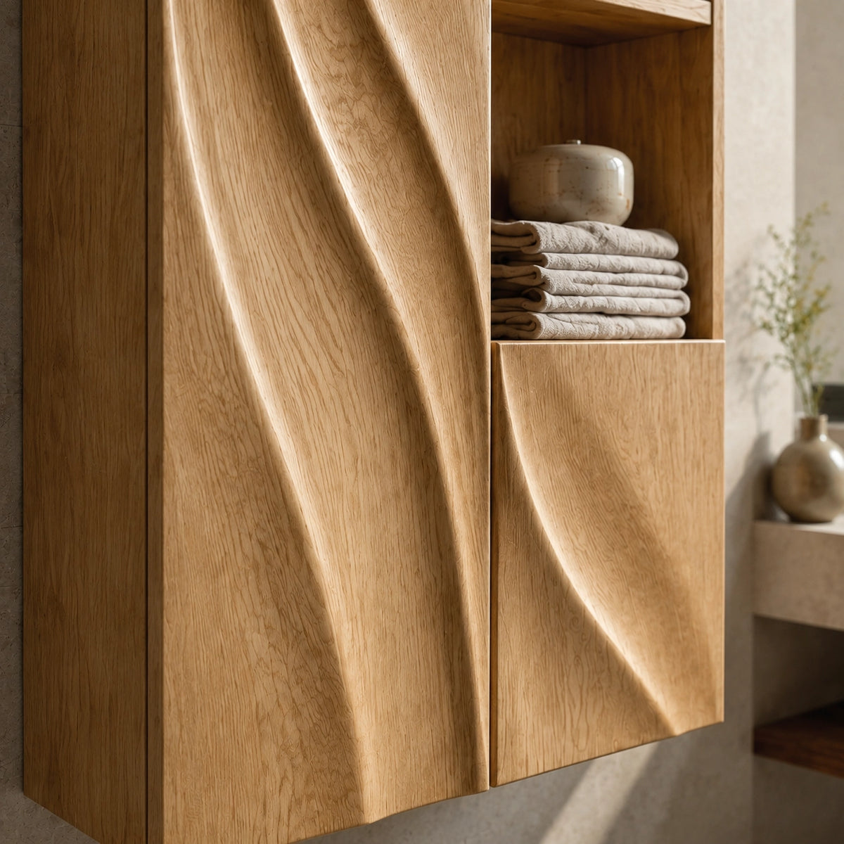 Bathroom Cabinet with Diagonal Wave-Carved Door and Open Shelving - Woodenecho - 5