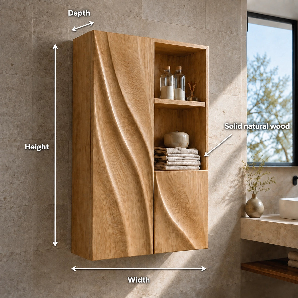 Bathroom Cabinet with Diagonal Wave-Carved Door and Open Shelving - Woodenecho - 6