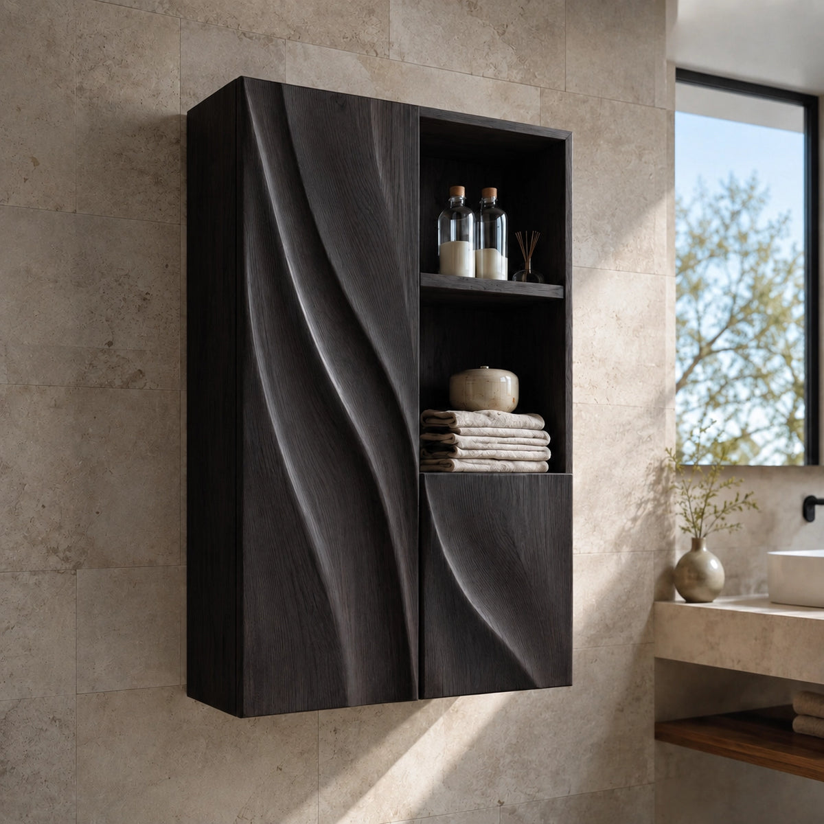 Bathroom Cabinet with Diagonal Wave-Carved Door and Open Shelving - Woodenecho - 7