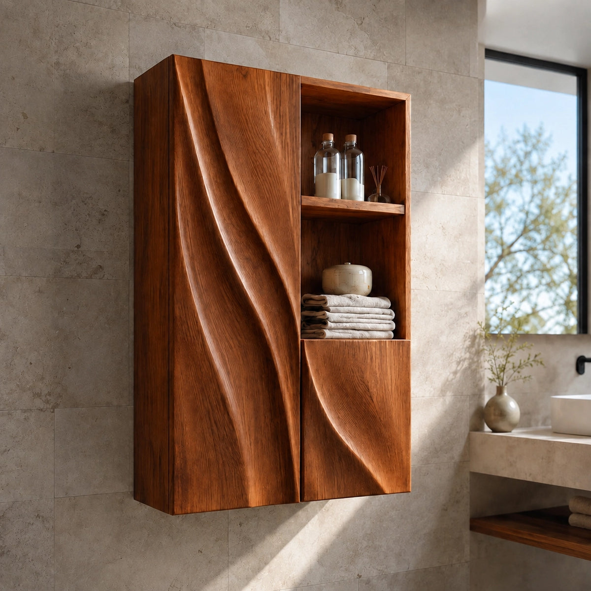 Bathroom Cabinet with Diagonal Wave-Carved Door and Open Shelving - Woodenecho - 8