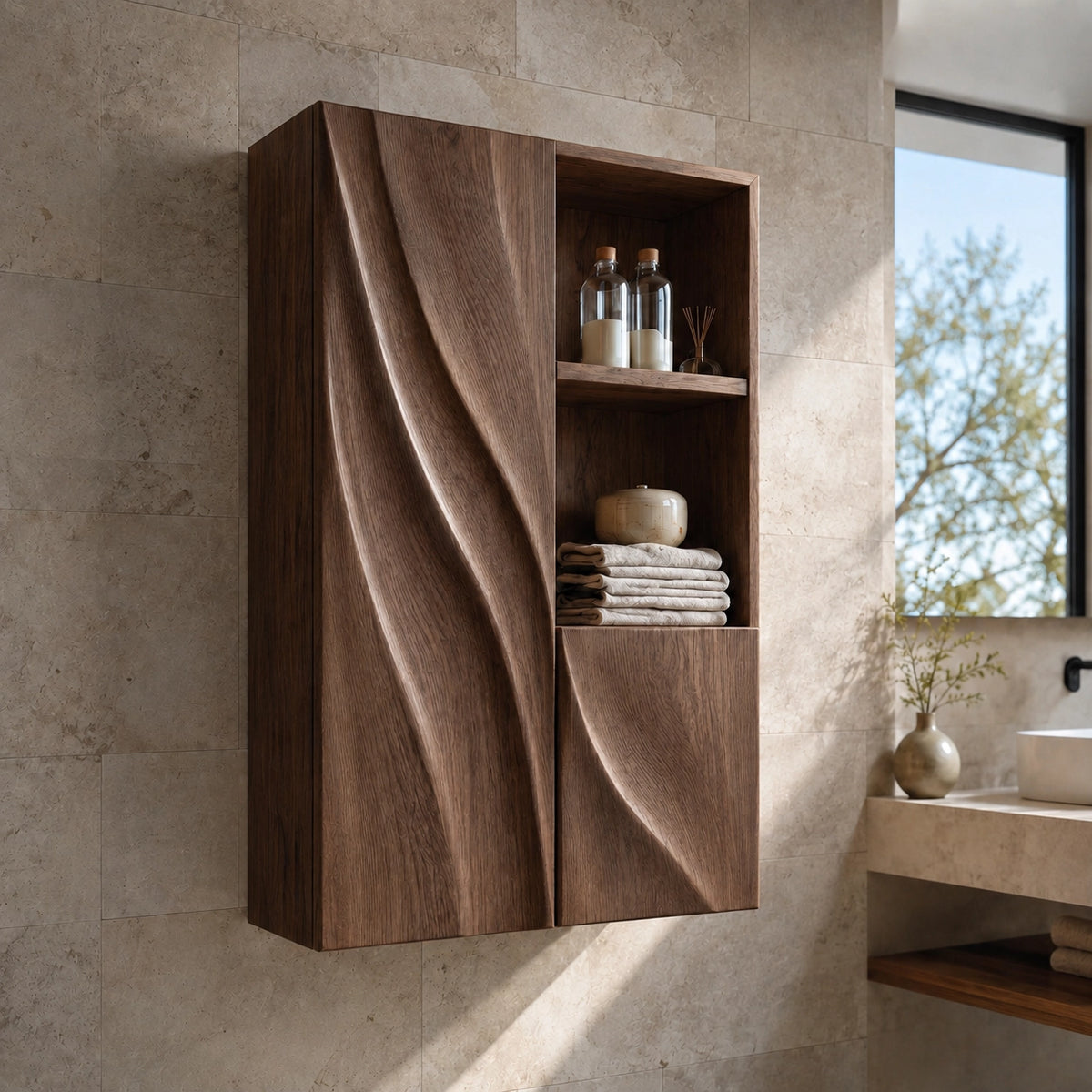 Bathroom Cabinet with Diagonal Wave-Carved Door and Open Shelving - Woodenecho - 9