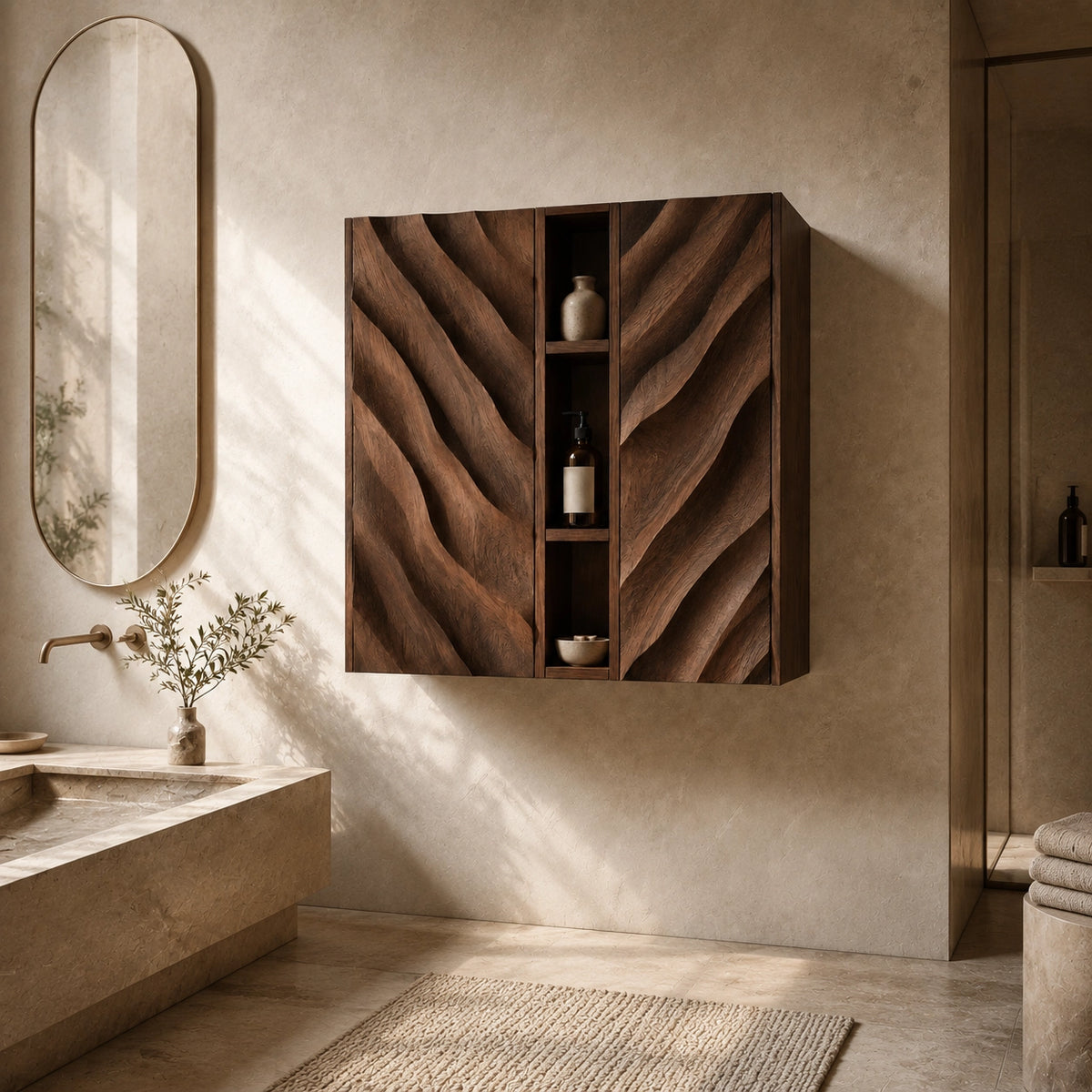 Bathroom Cabinet with Diagonal Wave-Carved Doors and Open Shelving - Woodenecho - 2