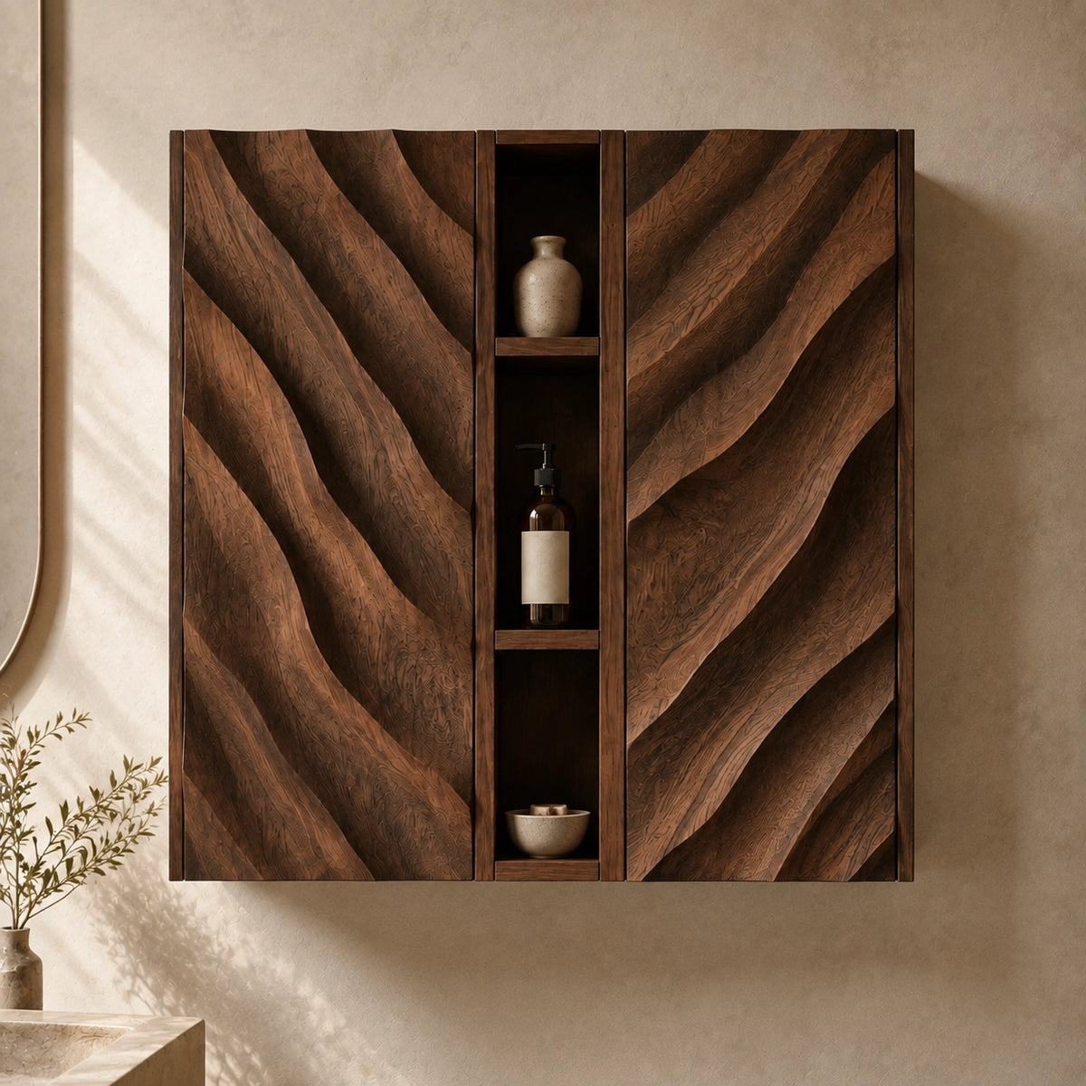Bathroom Cabinet with Diagonal Wave-Carved Doors and Open Shelving - Woodenecho - 3