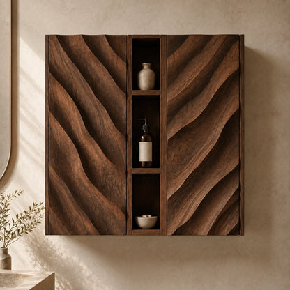 Bathroom Cabinet with Diagonal Wave-Carved Doors and Open Shelving - Woodenecho - 3