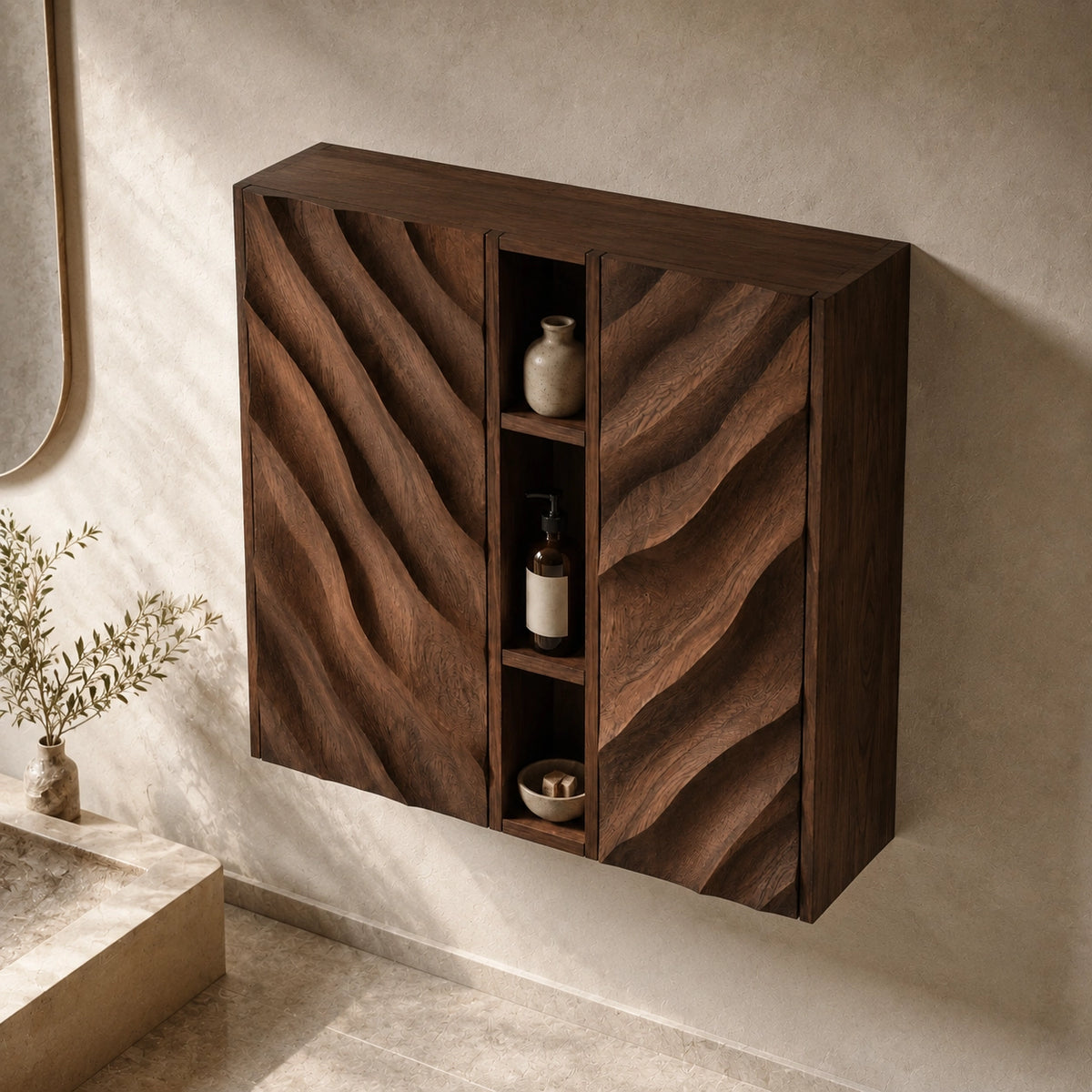 Bathroom Cabinet with Diagonal Wave-Carved Doors and Open Shelving - Woodenecho - 4