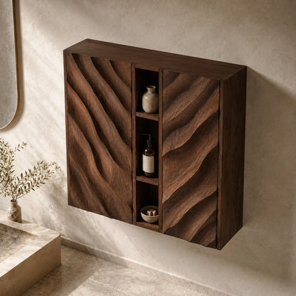 Bathroom Cabinet with Diagonal Wave-Carved Doors and Open Shelving - Woodenecho - 4