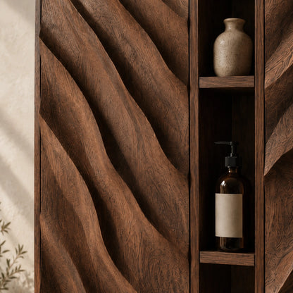 Bathroom Cabinet with Diagonal Wave-Carved Doors and Open Shelving - Woodenecho - 5