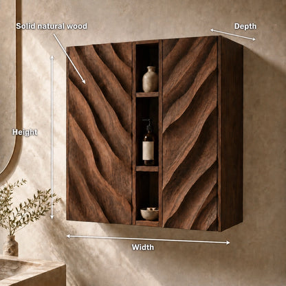 Bathroom Cabinet with Diagonal Wave-Carved Doors and Open Shelving - Woodenecho - 6
